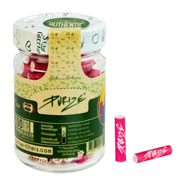 100 Purize Slim Aktivkohlefilter im Glas Pink