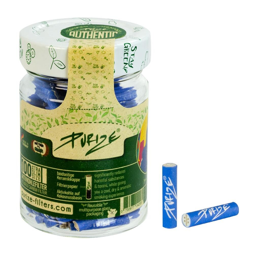 100 Purize Slim Aktivkohlefilter im Glas Blau