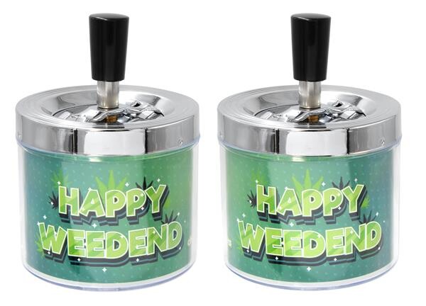 Drehaschenbecher "HAPPY WEEDEND" ca. 13cm hoch